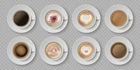 Fotobehang Koffie Realistische koffiekopje. Bovenaanzicht van melkcrèmes in kopje met espresso cappuccino of latte, 3d geïsoleerde cafémokken. Vector illustratie koffiedrank met afbeelding op schuim in witte kopjes ingesteld op transparant