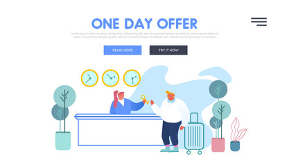 Tourism Inn Service Website Landing Page. Receptionist Stand Behind Lobby Desk Give Room Key to Businessman Guest in Hotel or Motel Reception Hall Web Page Banner. Cartoon Flat Vector Illustration