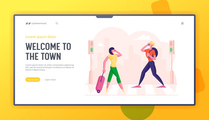 People Walking at Town Street along Road Crosswalk Website Landing Page. Woman with Suitcase and Man with Backpack Talking by Mobiles Busy. Urban Life Web Page Banner. Cartoon Flat Vector Illustration