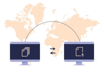 File transfer concept. Two computers transferred documents, exchangers files technology concepts. Sharing file vector graphic flat illustration digital system, receiving and transference data