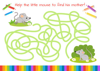 Help the little mause find mom. Educational mini-game for children. Cartoon vector illustration