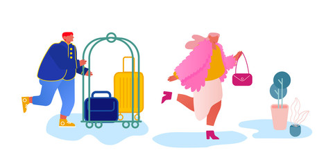 Hotel Staff Meeting Guest in Hall Carrying Luggage by Cart. Businesswoman Stay in Guesthouse for Vacation or Business Trip. Hospitality Appointment, Room Reservation. Cartoon Flat Vector Illustration