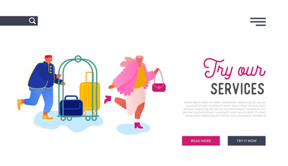 Hospitality Website Landing Page. Hotel Staff Meeting Guest Carrying Luggage by Cart. Businesswoman Stay in Guesthouse for Vacation or Business Trip Web Page Banner. Cartoon Flat Vector Illustration
