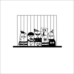 Cartoon doodles prisoner in the jail, Hand drawn cartoon cute doodle style.