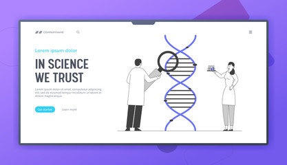 Medicine Technology Genetic Testing Website Landing Page. Scientists Working with Dna Looking through Magnifying Glass. Laboratory Research Web Page Banner. Cartoon Flat Vector Illustration, Line Art