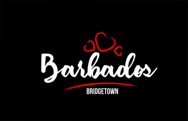 Barbados country on black background with red love heart and its capital Bridgetown