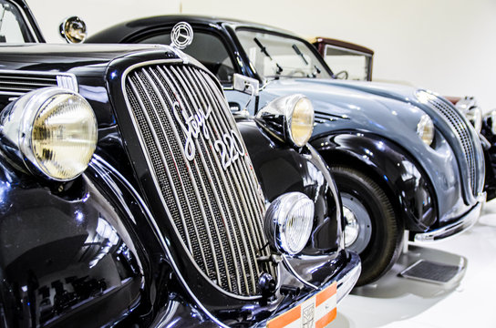 Vienna, Austria 10.01.2015 : Black Steyr 220 classic car from 1937. Photo of exibit in Museum of Technology. Place to visit.