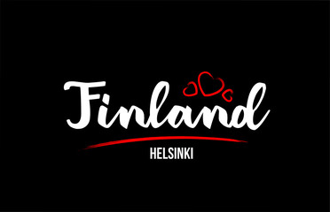 Finland country on black background with red love heart and its capital Helsinki