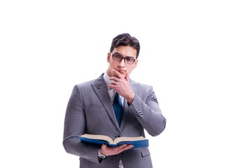 Businessman student reading a book isolated on white background