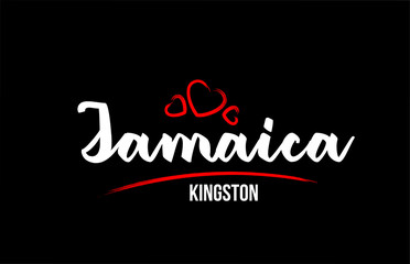 Fototapeta na wymiar Jamaica country on black background with red love heart and its capital Kingston