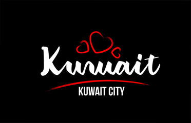 Kuwait country on black background with red love heart and its capital Kuwait City