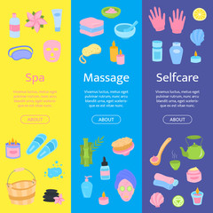 Vector cute spa, skincare and massage cartoon flat elements vertical banners set. Sheet mask, shampoo, cream, serum, gloves, beauty objects
