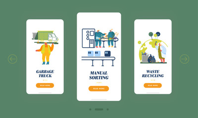 Litter Industry, Eco Protection Mobile App Page Onboard Screen Set. People Working on Waste Recycling Plant. Garbage Separation Service Concept for Website or Web Page Cartoon Flat Vector Illustration