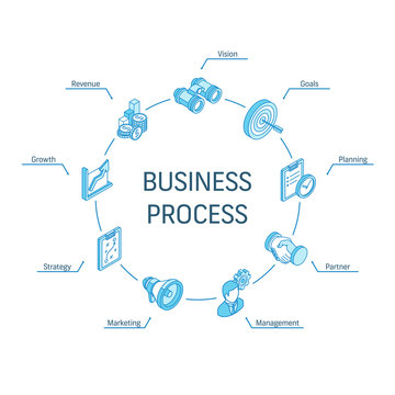 Business process isometric concept. Connected line 3d icons. Integrated circle infographic design system. Strategy model, management, market, partner symbols. Planning, goals, vision, growth pictogram