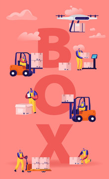 Warehouse Workers and Drones Loading Boxes Concept. Men Stacking Goods with Electric Hand Lifters and Forklift Truck. Industrial Logistic Poster Banner Flyer Brochure. Cartoon Flat Vector Illustration