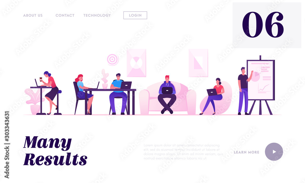 Poster teamwork communication website landing page. people working relaxing drinking coffee and messaging w