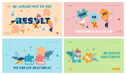 Teamwork Cooperation, Collective Work, Partnership Website Landing Page Set. People Work Together Setting Up Huge Colorful Separated Puzzle Pieces Web Page Banner. Cartoon Flat Vector Illustration