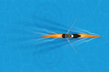 Single Racing shell with paddler for rowing sport on water surface. One oarsman man athlete inside boat in moving. Top view of Equipment for waters sport rowing. Vector Illustration