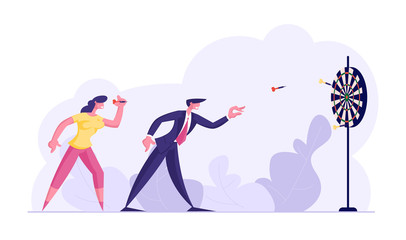 Aspirational Business People Mission Achievement and Corporate Competition. Businessman and Businesswoman Playing Darts. Aim Challenge Task Solution Strategy Goals. Cartoon Flat Vector Illustration