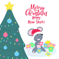 Cute rat or mouse in Santa Claus hat is sitting in a pile of gifts under the Christmas tree. 2020 Chinese New year. Funny cartoon smiling mice. Greeting card for winter celebrations
