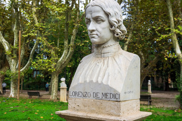 Old marble bust of Lorenzo de' Medici in the public park Pincian Hill, Villa Borghese gardens, Rome, Italy