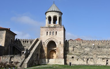 Fototapeta na wymiar Svetitskhoveli Cathedral Wall Tower with Staircase, Mtskheta, Georgia