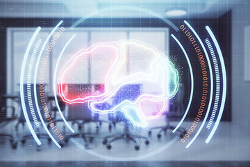 Double exposure of brain drawing hologram on conference room background. Concept of data analysis