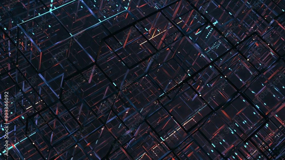 Aufkleber 3d rendering of abstract sci fi structure with red and blue led glow lights. rectangle cube box geom