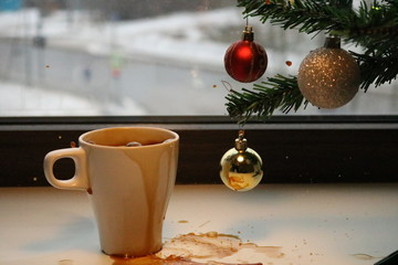 christmas still life with a cup of hot coffee and cookies