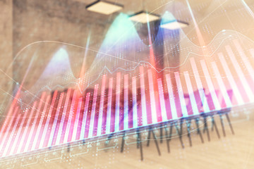 Multi exposure of stock market graph on conference room background. Concept of financial analysis