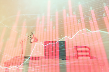 Stock market chart and desktop office computer background. Multi exposure. Concept of financial...