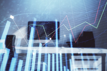 Stock market chart and desktop office computer background. Multi exposure. Concept of financial analysis.