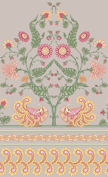 Seamless Indian floral ethnic pattern with bird. Colored vector illustration. On beige background.