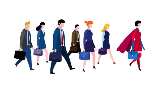 Please follow me! A group of cartoon business people walking. They follow a leader – superheroine. Business team characters animated version. Business cartoon animations serie. 