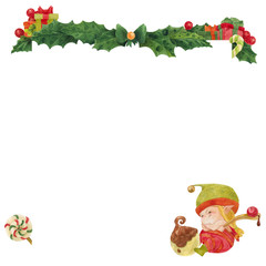 Christmas greeting card with holly and elf choclate artist