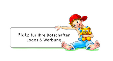 Ich liebe es. niedlicher kleiner Junge mit roter Schirmmütze sitzt barfuß mit Teddy Bär im Arm neben einer Werbetafel und lächelt diese an, Werbung, logo, design, cute barefeet boy, Vorlage, Template 