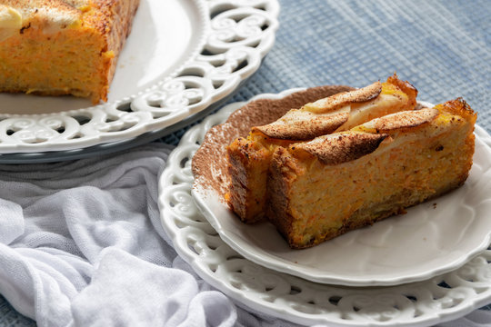 Healthy homemade sliced apple carrot cake with rice flour, gluten free  and dairy free sweet pie