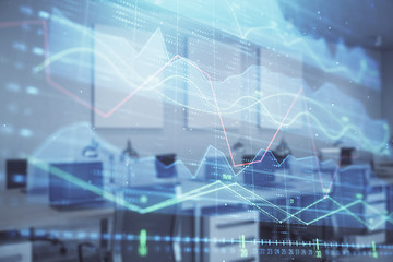 Stock market chart with trading desk bank office interior on background. Double exposure. Concept of financial analysis