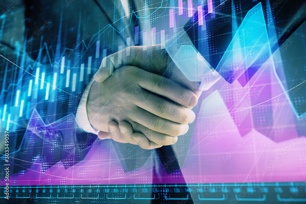 Poster multi exposure of forex graph on abstract background with two businessmen handshake. concept of succ