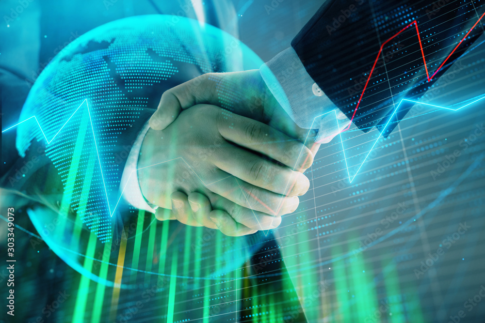 Aufkleber multi exposure of forex graph and world map on abstract background with two businessmen handshake. c