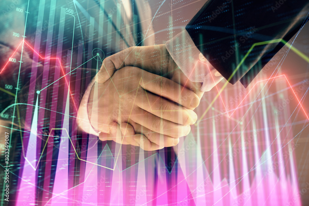 Poster multi exposure of forex graph on abstract background with two businessmen handshake. concept of succ