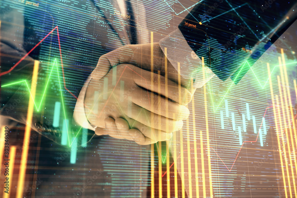 Aufkleber multi exposure of forex graph and world map on abstract background with two businessmen handshake. c