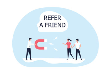 A man with a magnet in his hands attracts new buyers. The concept of a referral program, marketing strategy, bonuses. Flat vector stock illustration on a white background.