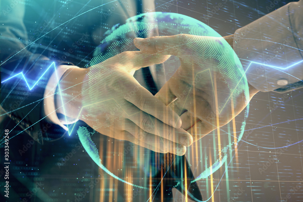 Aufkleber multi exposure of forex graph and world map on abstract background with two businessmen handshake. c