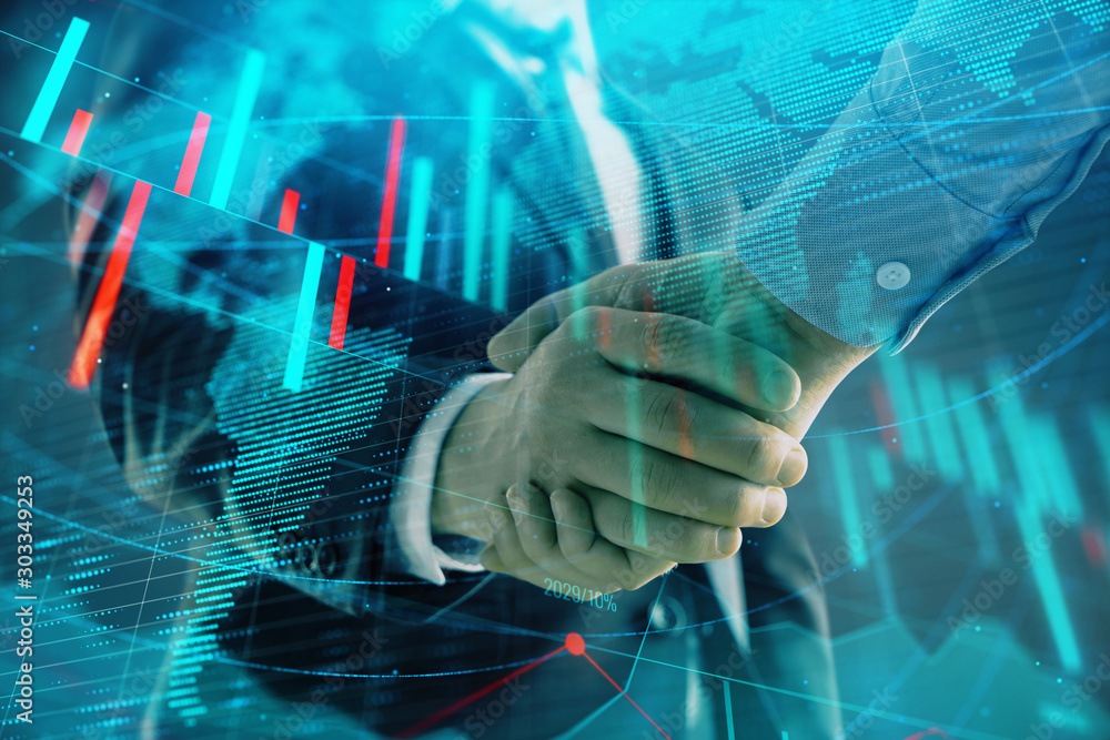 Aufkleber multi exposure of forex graph and world map on abstract background with two businessmen handshake. c