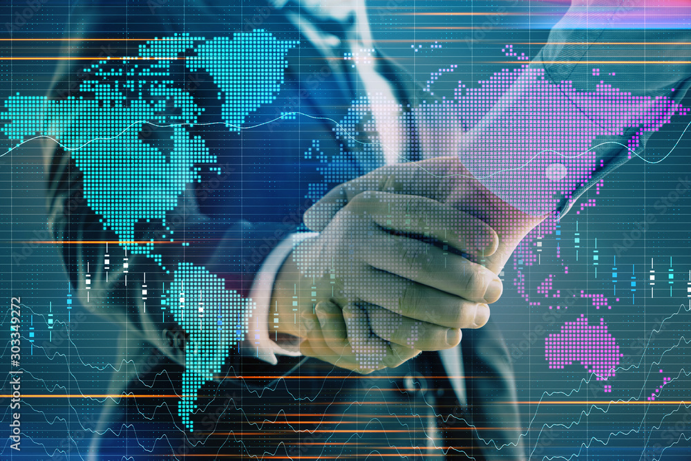 Aufkleber multi exposure of forex graph and world map on abstract background with two businessmen handshake. c