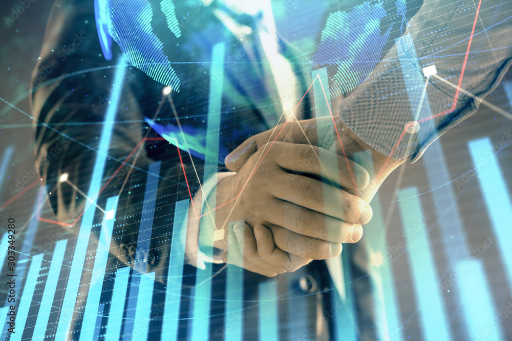 Aufkleber multi exposure of forex graph and world map on abstract background with two businessmen handshake. c