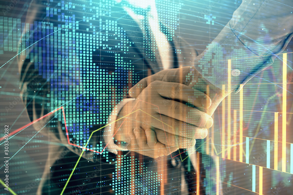 Aufkleber multi exposure of forex graph and world map on abstract background with two businessmen handshake. c