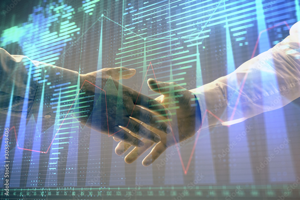 Poster multi exposure of forex graph and world map on abstract background with two businessmen handshake. c