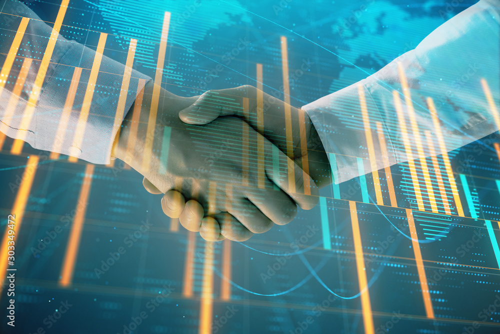 Aufkleber multi exposure of forex graph and world map on abstract background with two businessmen handshake. c